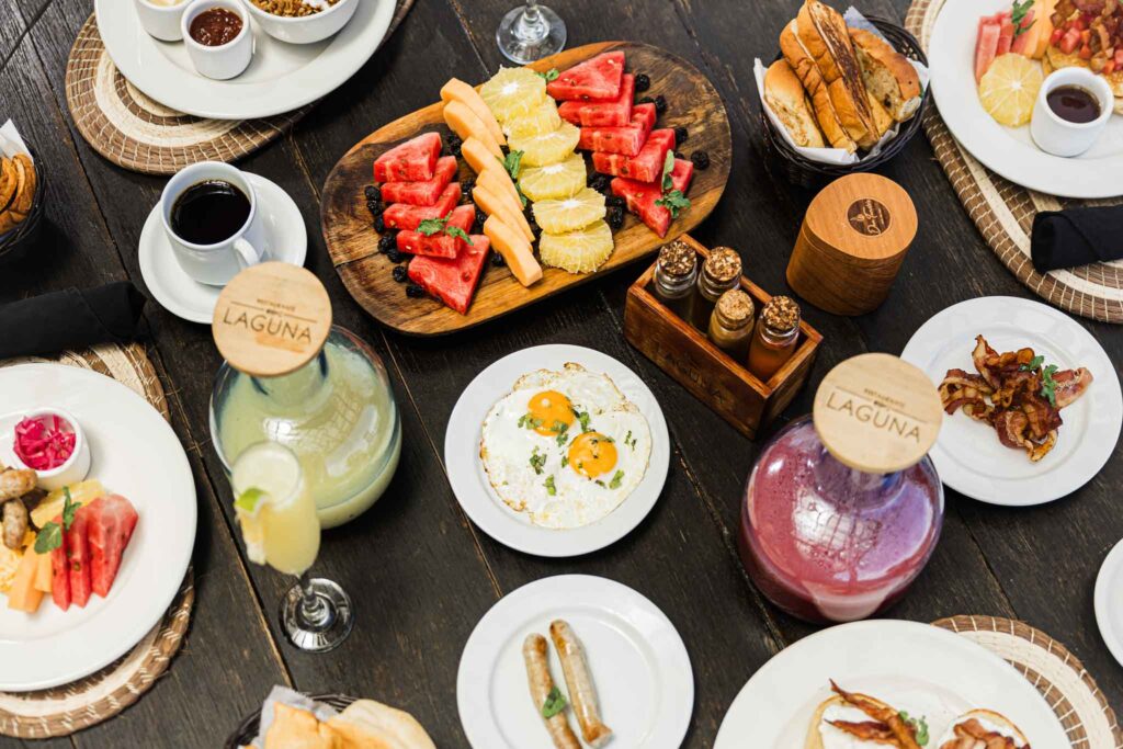 The above view of the table filled with food at the restaurant in Umaya