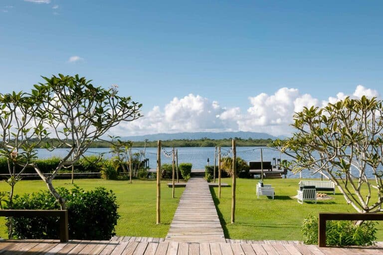 Lagoonside boardwalk at Umaya Resort, Maya Beach, Placencia Peninsula, Stann Creek District, Southern Belize